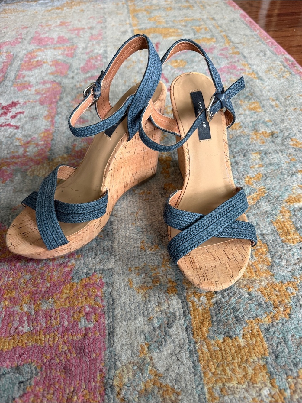 Ann Taylor Denim-Blue Braided Cork Wedge Sandals with Ankle Strap like new